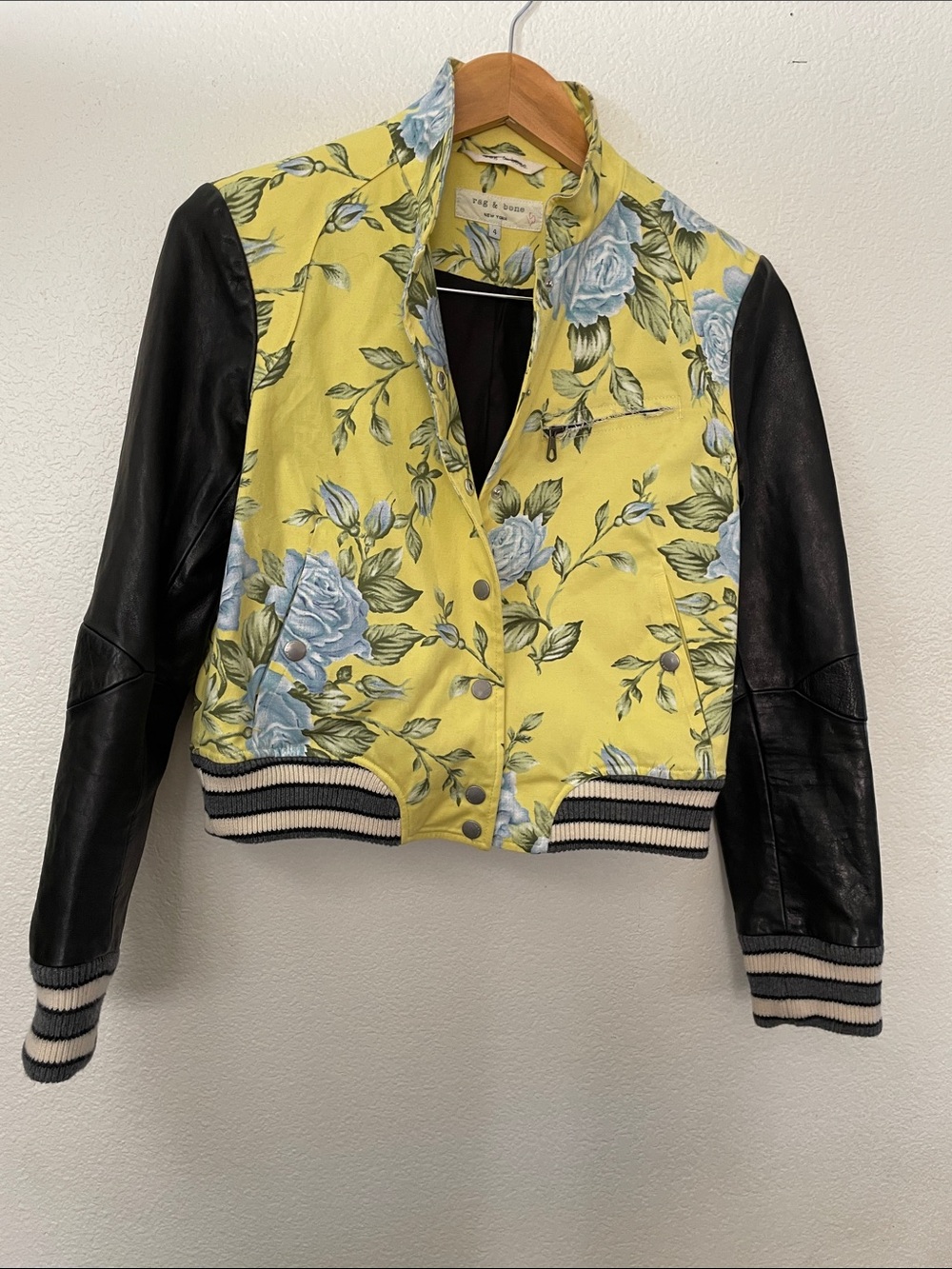 Rag & Bone Yellow Floral Bomber Black lamb Leather Sleeves cotton wool 4